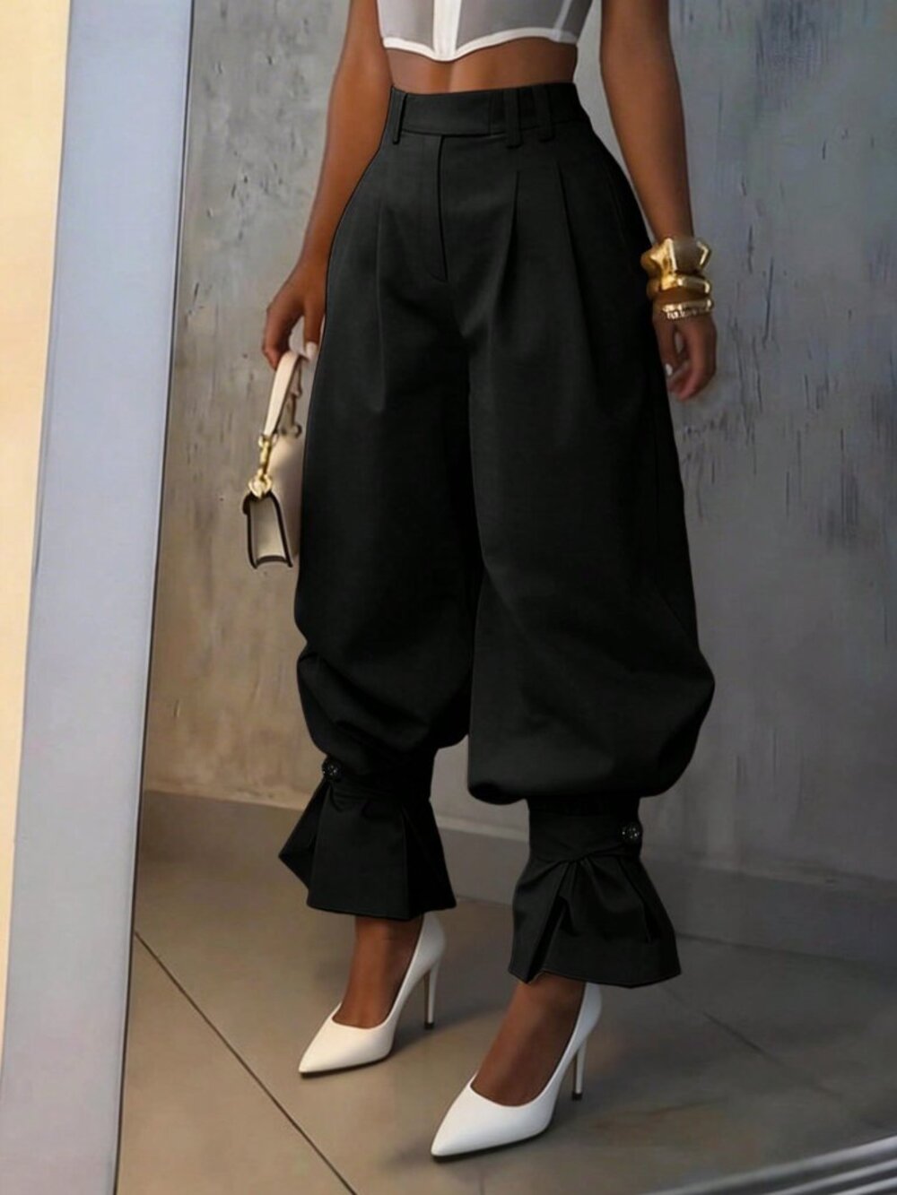 Black Casual Women's Elegant Ruffle Loose Leg Long Lantern Pants